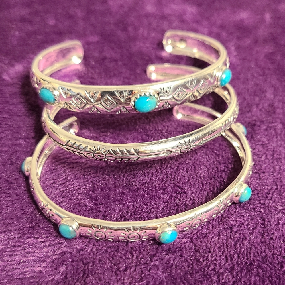 Southwest Style Turquoise Sterling Silver Stackable Cuff Bracelet Set of 3